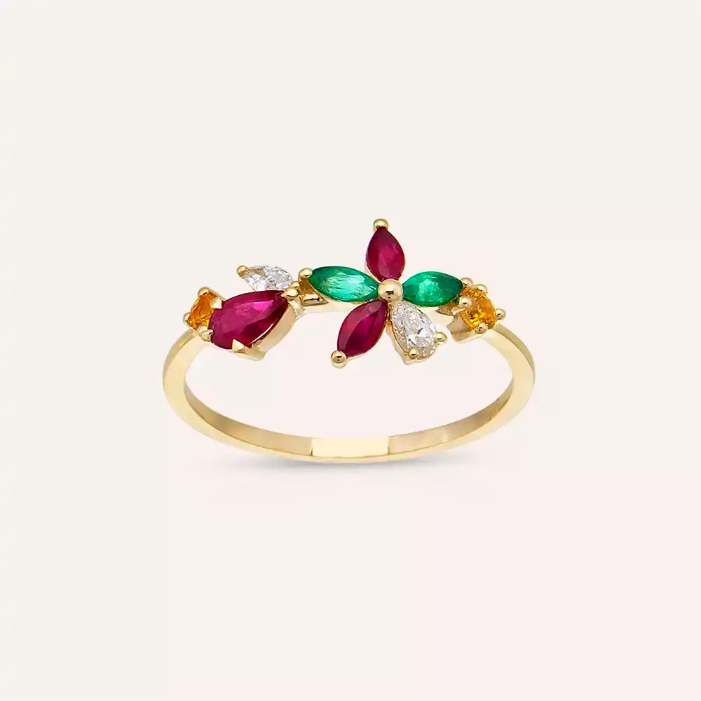 Pixie Yellow Gold Ring with Diamonds, Rubies, and Emeralds