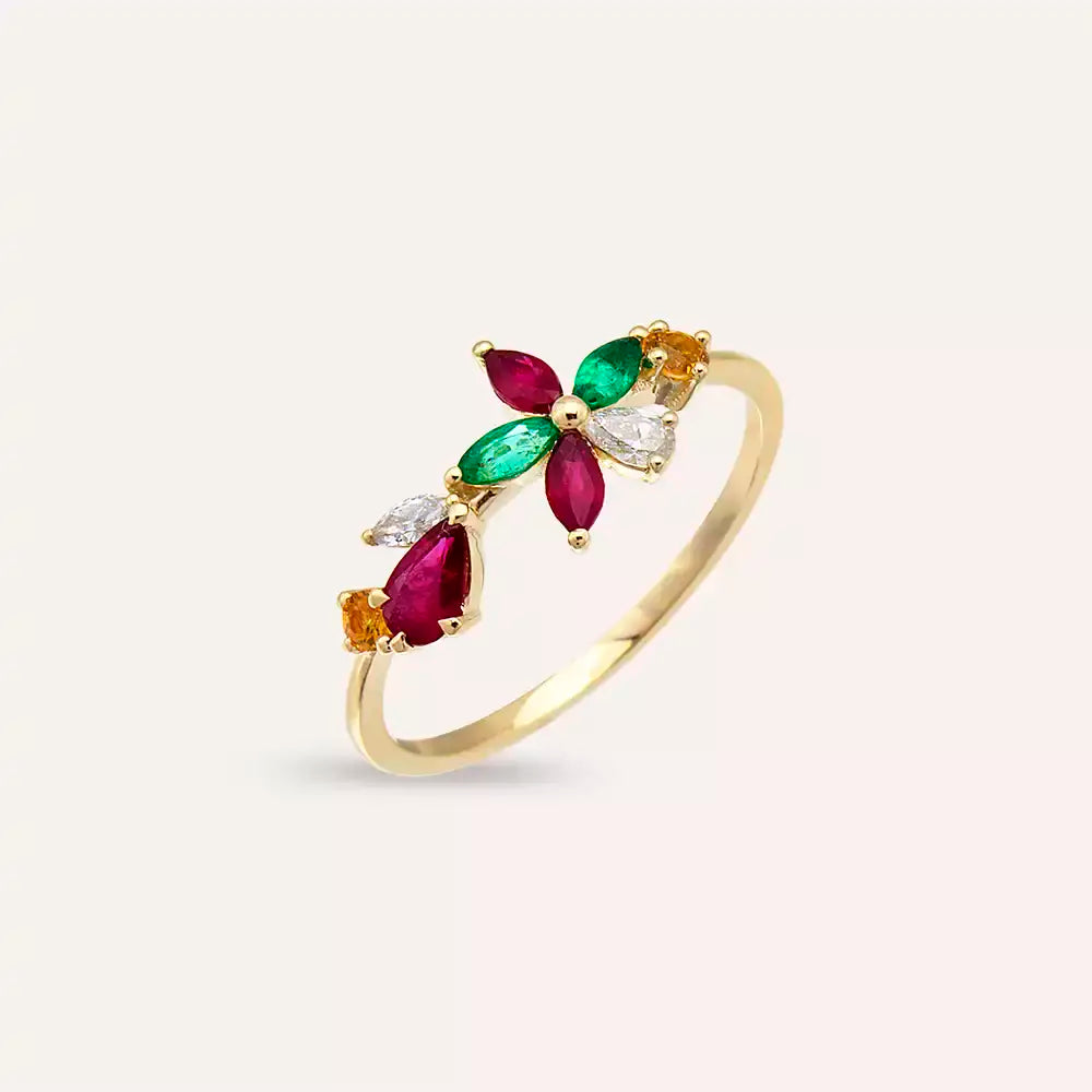 Pixie Yellow Gold Ring with Diamonds, Rubies, and Emeralds