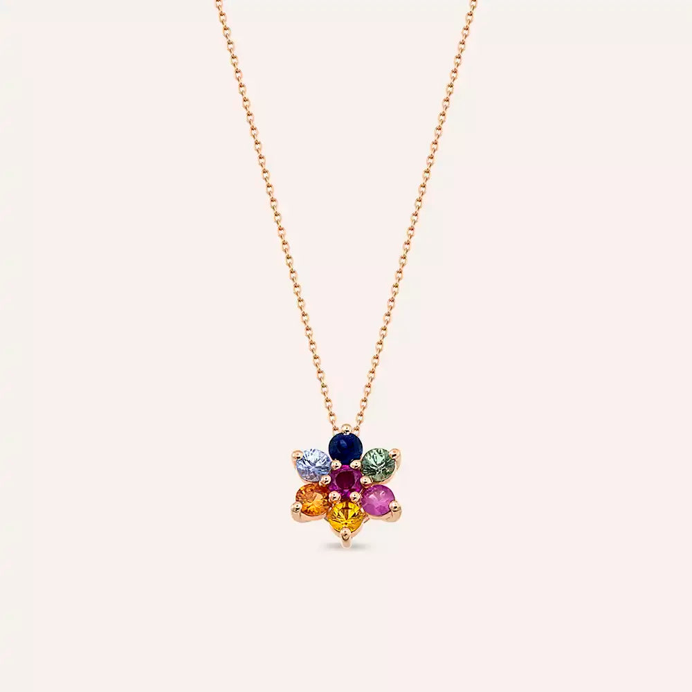 Luvis Multicolor Safir ve Yakut Taşlı Rose Altın Kolye