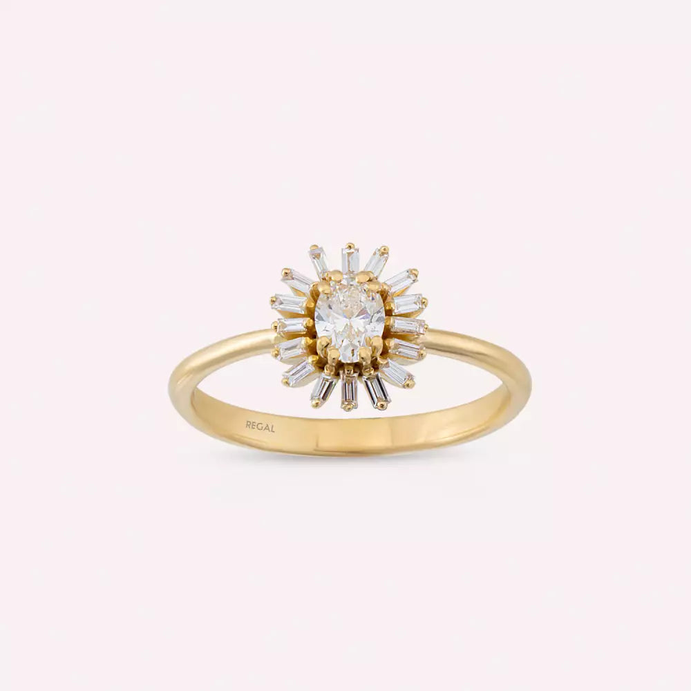 Yellow Gold Ring with Marquise Oval and Baguette Cut Diamond Stones