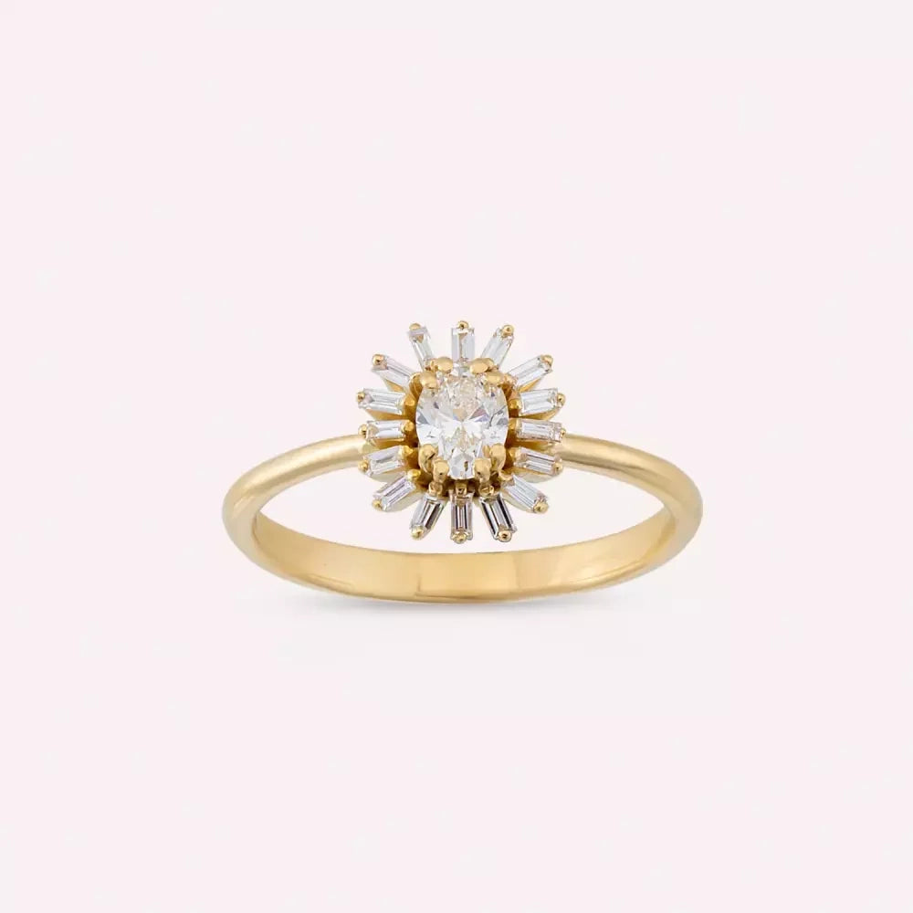 Yellow Gold Ring with Marquise Oval and Baguette Cut Diamond Stones