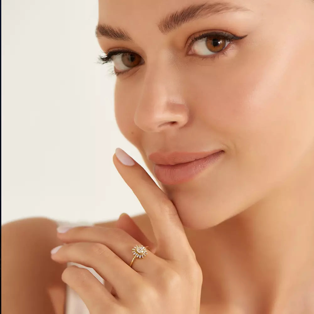 Yellow Gold Ring with Marquise Oval and Baguette Cut Diamond Stones