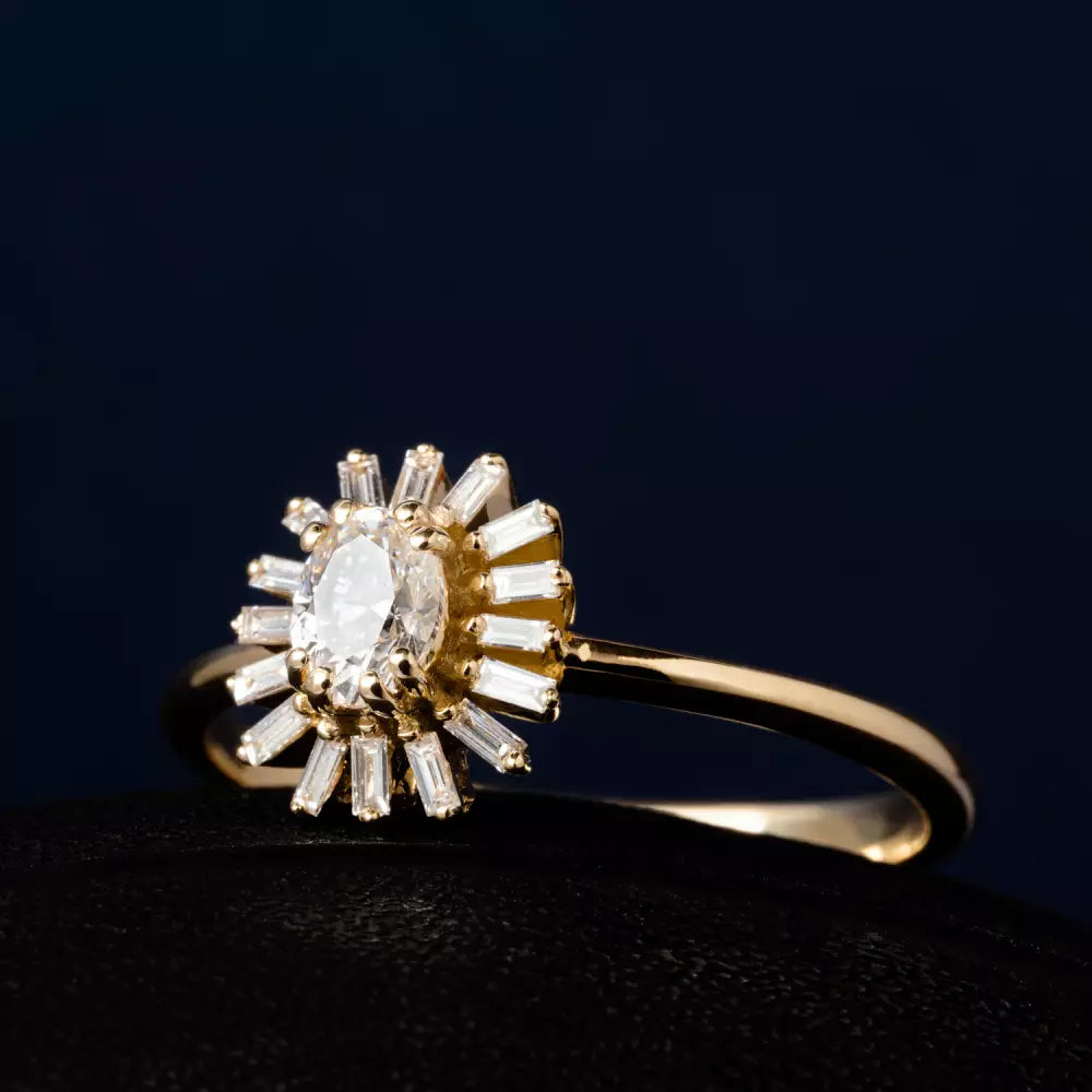 Yellow Gold Ring with Marquise Oval and Baguette Cut Diamond Stones