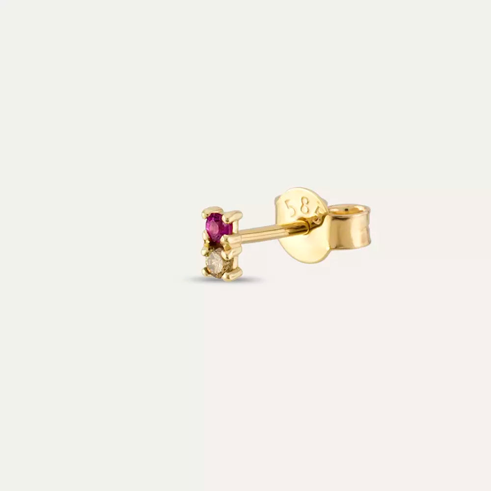 Mild Brown Diamond and Ruby Mini Single Earring