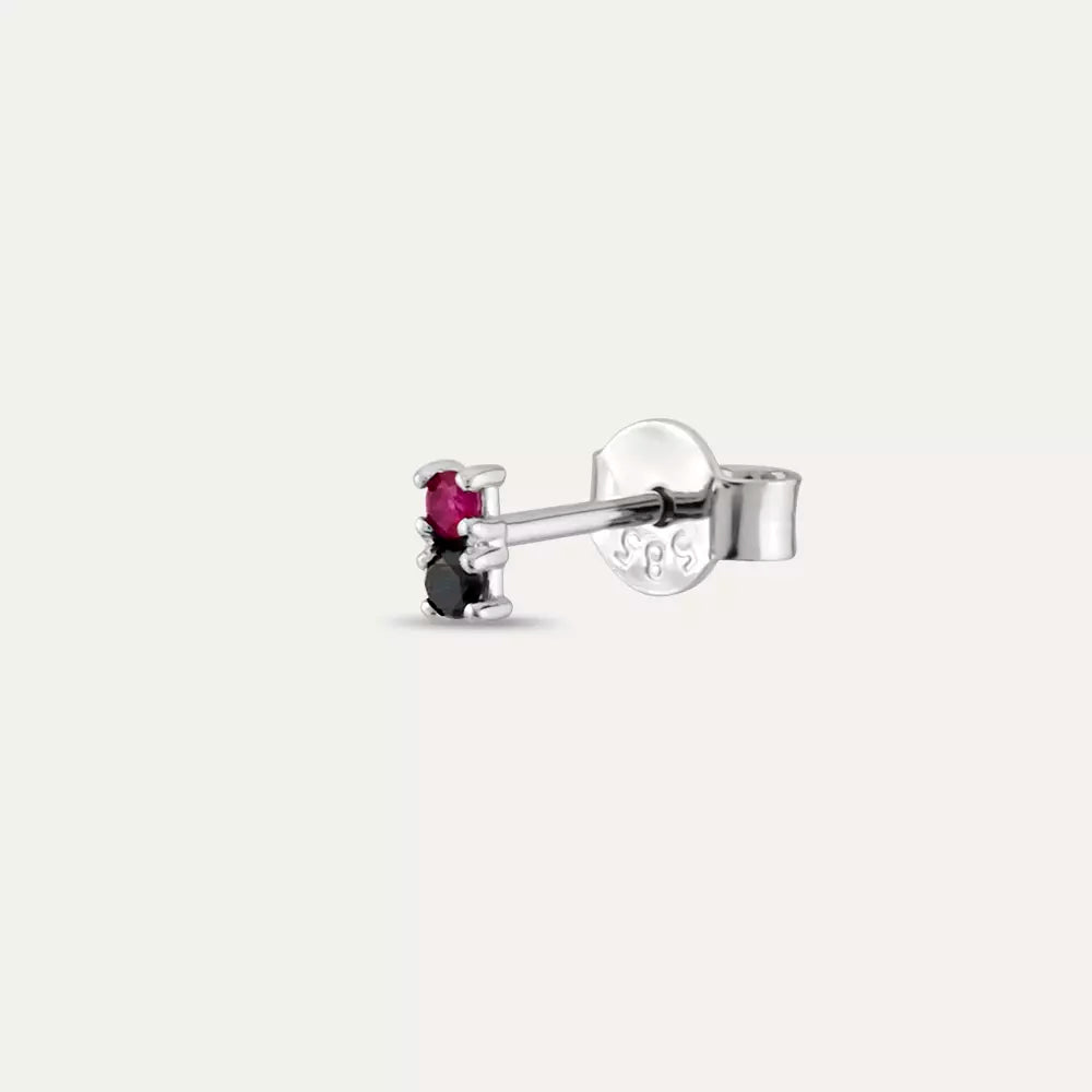 Mild Black Diamond and Ruby White Gold Single Earring