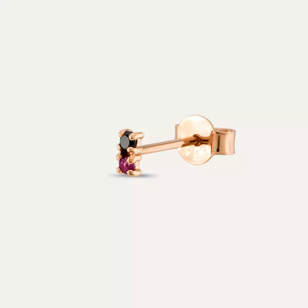 Mild Rose Gold Single Earring with Black Diamond and Ruby Stones