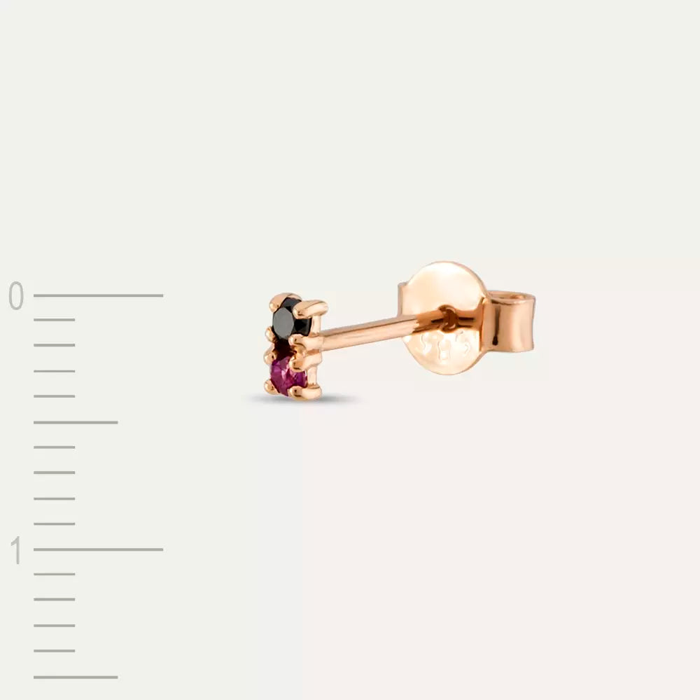 Mild Rose Gold Single Earring with Black Diamond and Ruby Stones