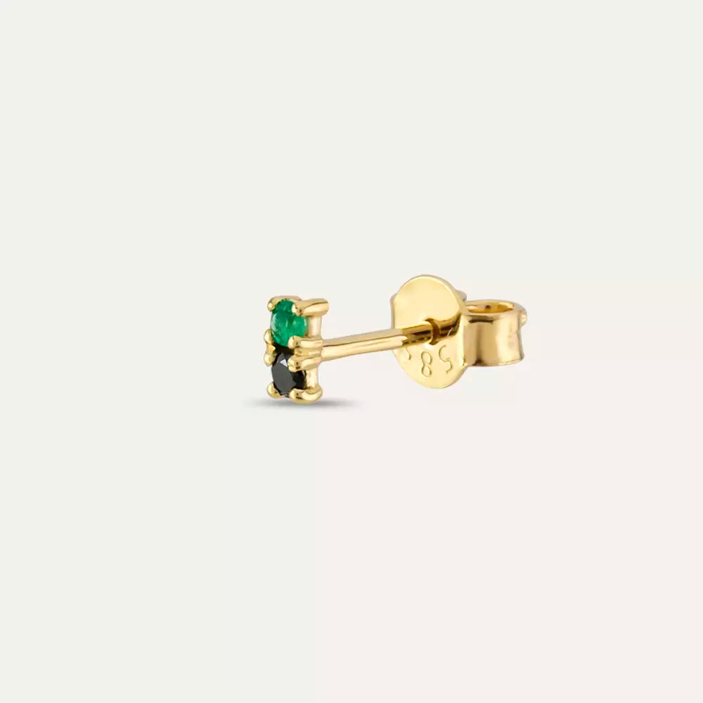 Mild Black Diamond and Emerald Yellow Gold Single Earring