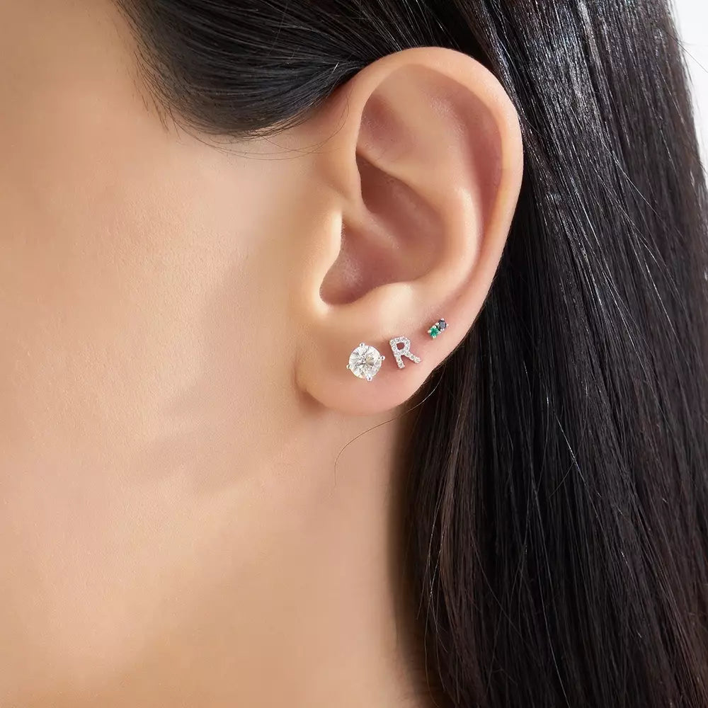 Mild Black Diamond and Emerald Yellow Gold Single Earring