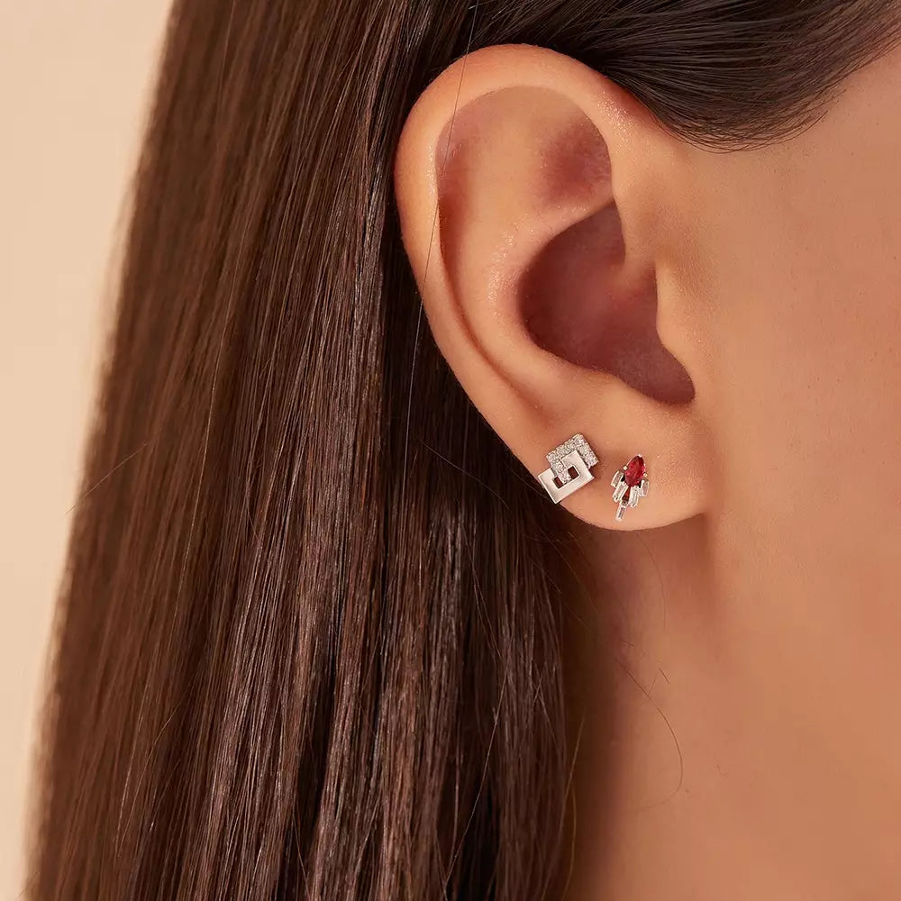 Block Diamond White Gold Single Earring