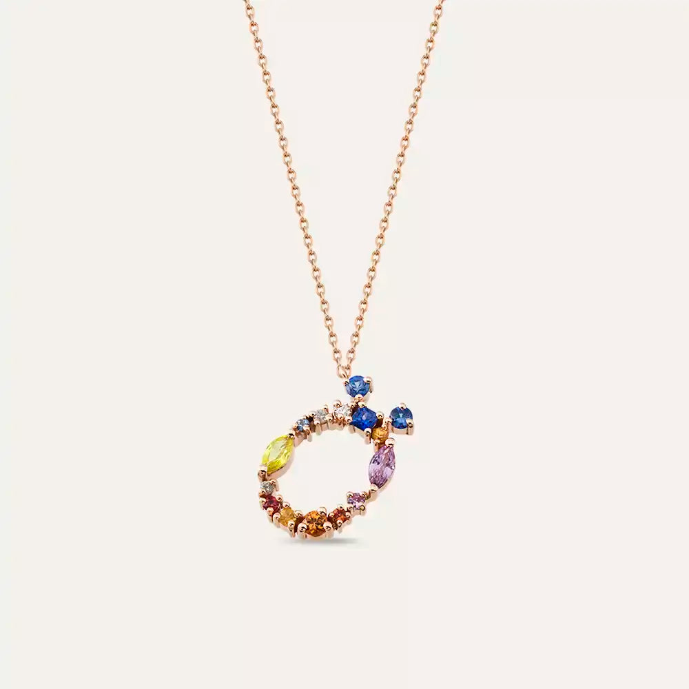 Ö Harf Multicolor Safir ve Brown Pırlanta Taşlı Rose Altın Kolye