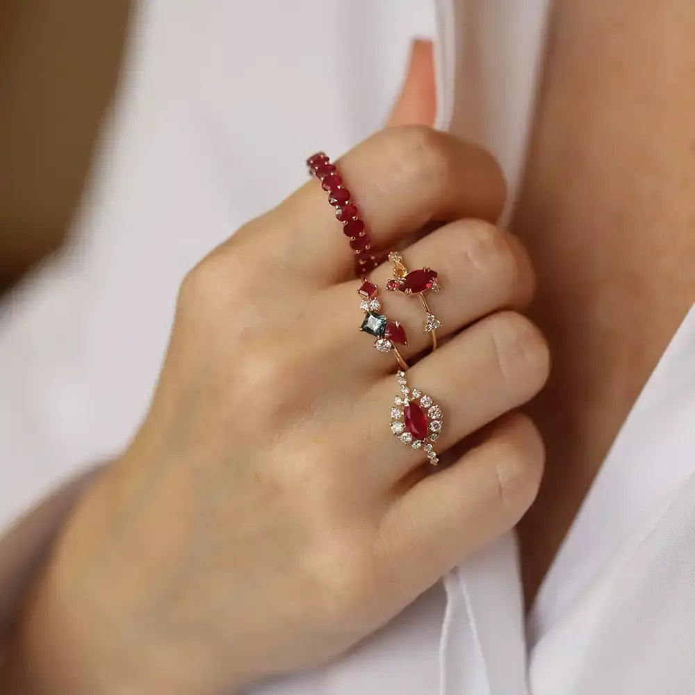 Rose Gold Full Eternity Ring with Oval Cut Ruby Stone