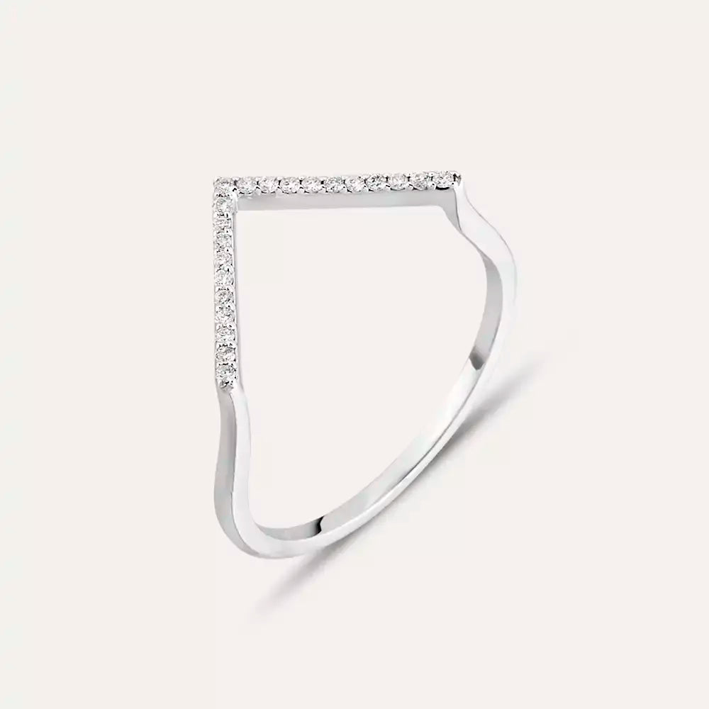 White Gold Minimal V-Ring with Diamond