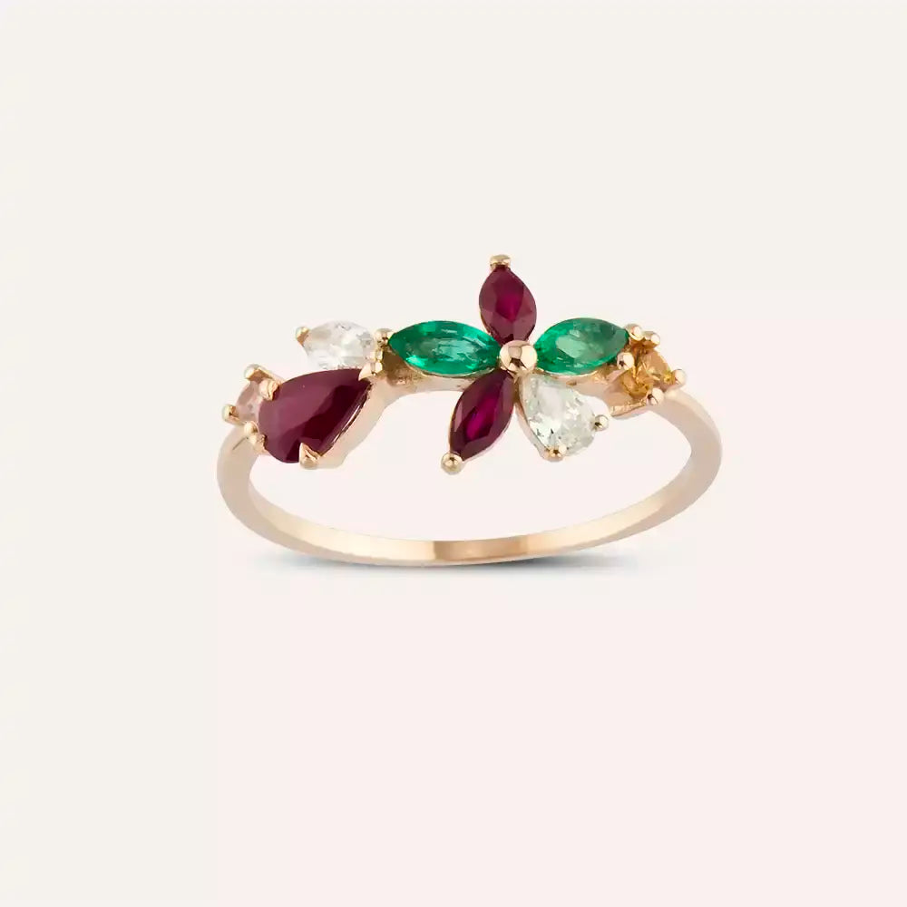 Pixie Diamond, Ruby and Emerald Rose Gold Flower Ring