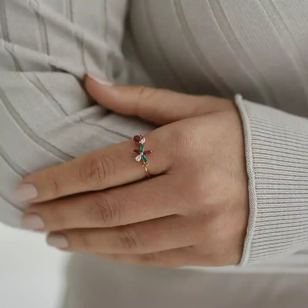 Pixie Diamond, Ruby and Emerald Rose Gold Flower Ring
