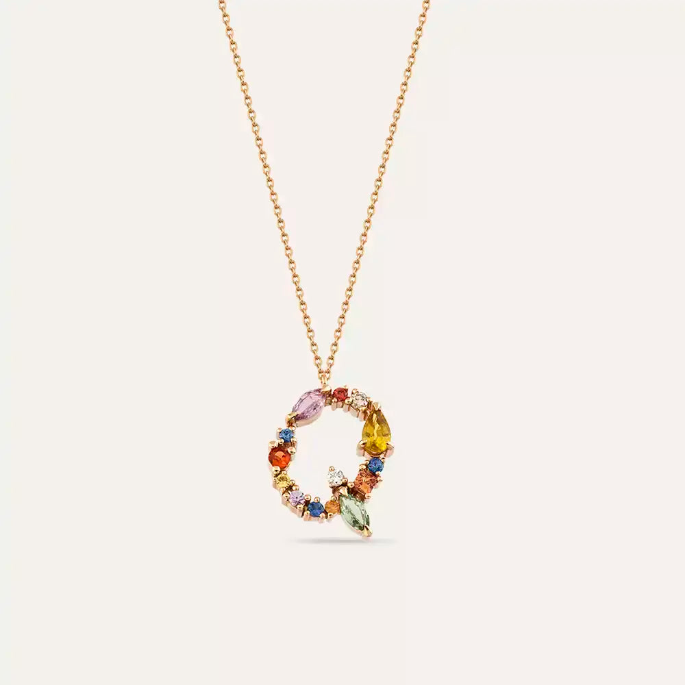 Q Harf Brown Pırlanta ve Multicolor Safir Taşlı Rose Altın Kolye