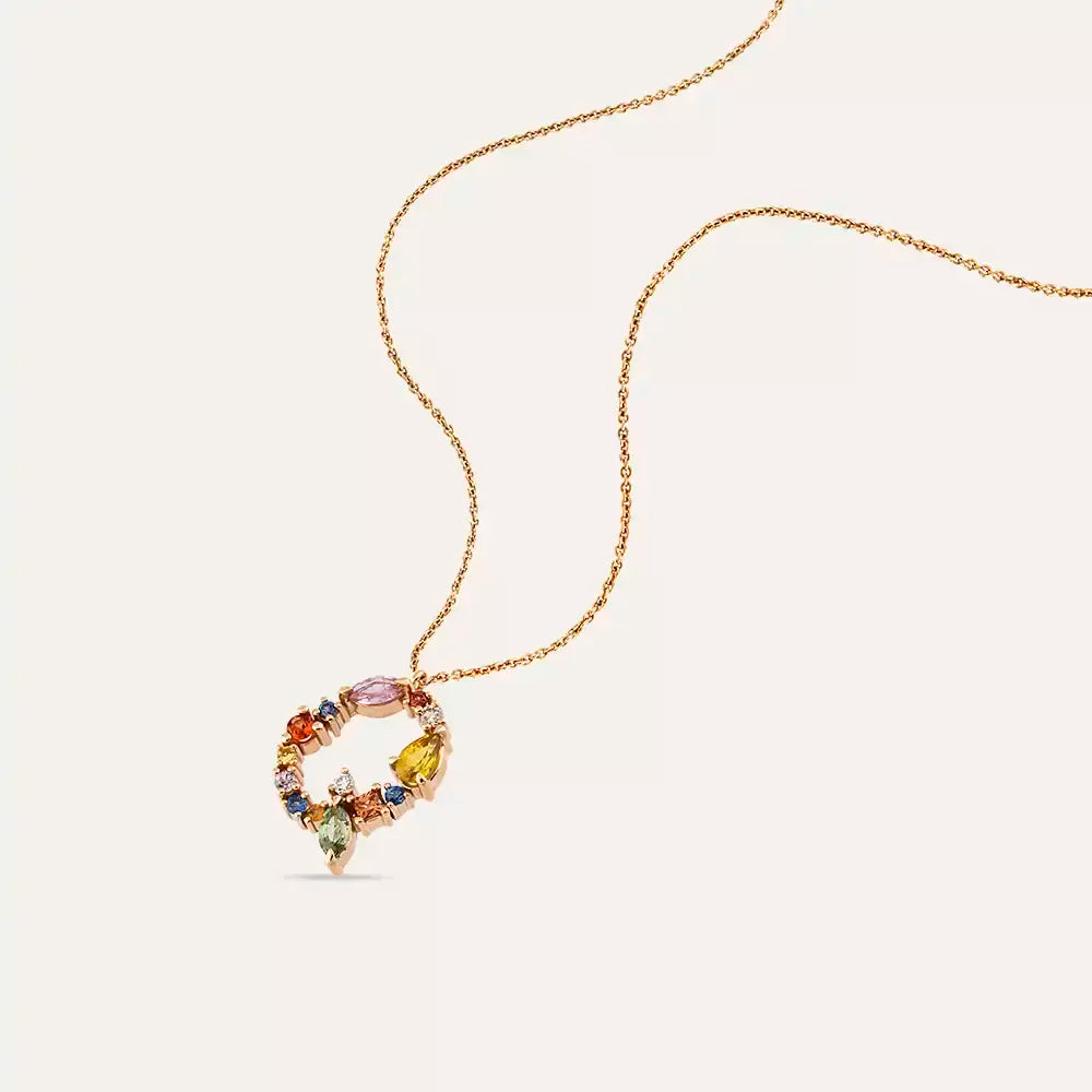 Q Harf Brown Pırlanta ve Multicolor Safir Taşlı Rose Altın Kolye