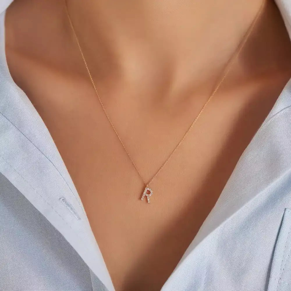 R Letter 0.10 CT Diamond Rose Gold Necklace