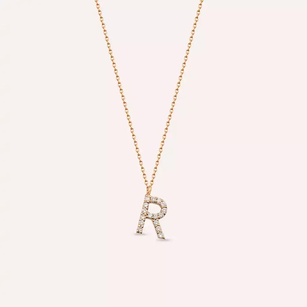 R Letter 0.10 CT Diamond Rose Gold Necklace