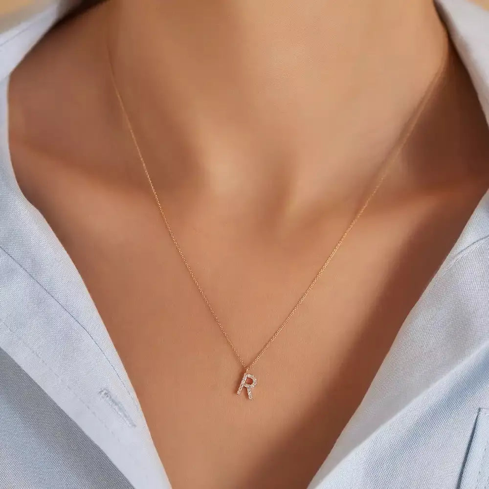 R Letter 0.10 CT Diamond Rose Gold Necklace