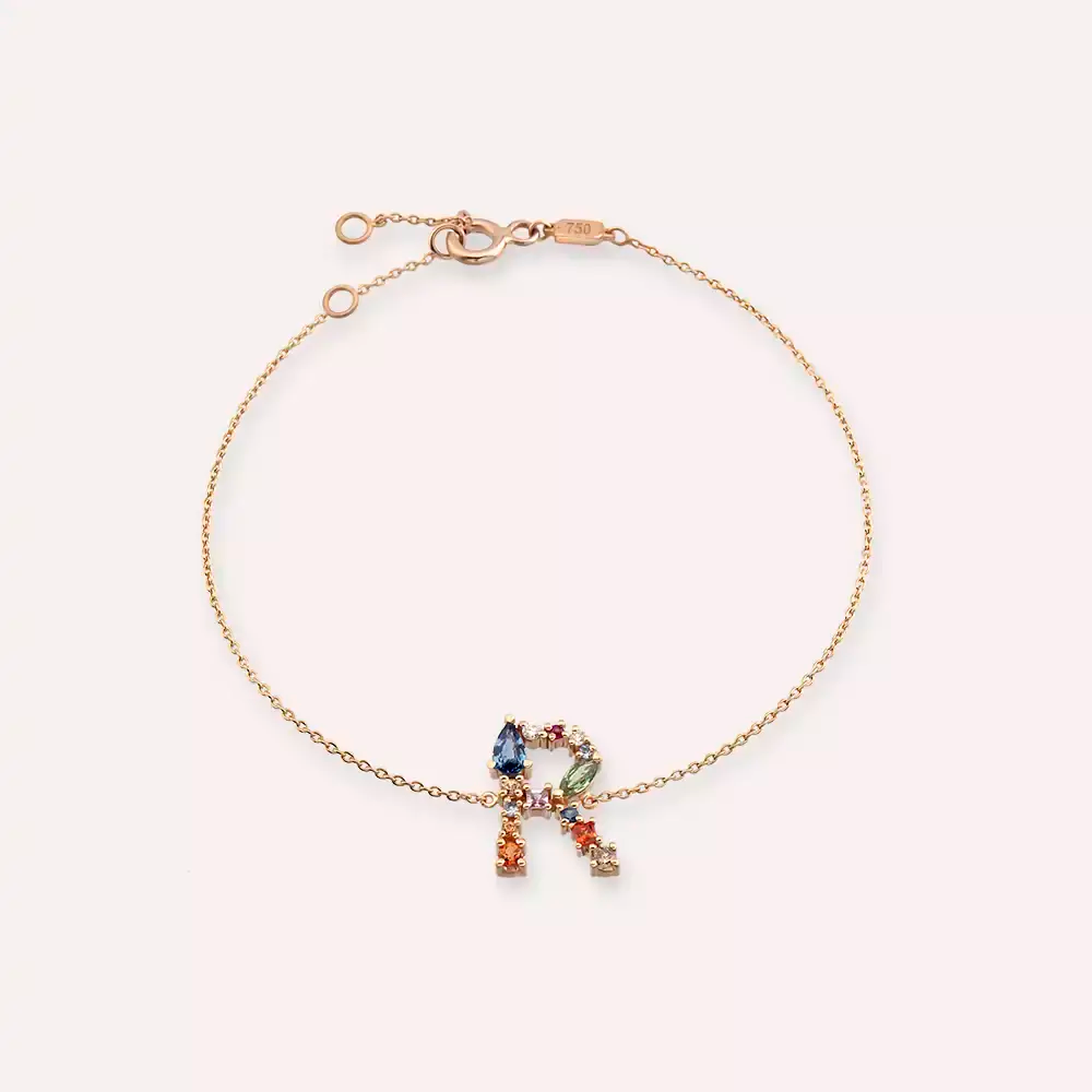 R Letter Brown Diamond and Multicolor Sapphire Bracelet