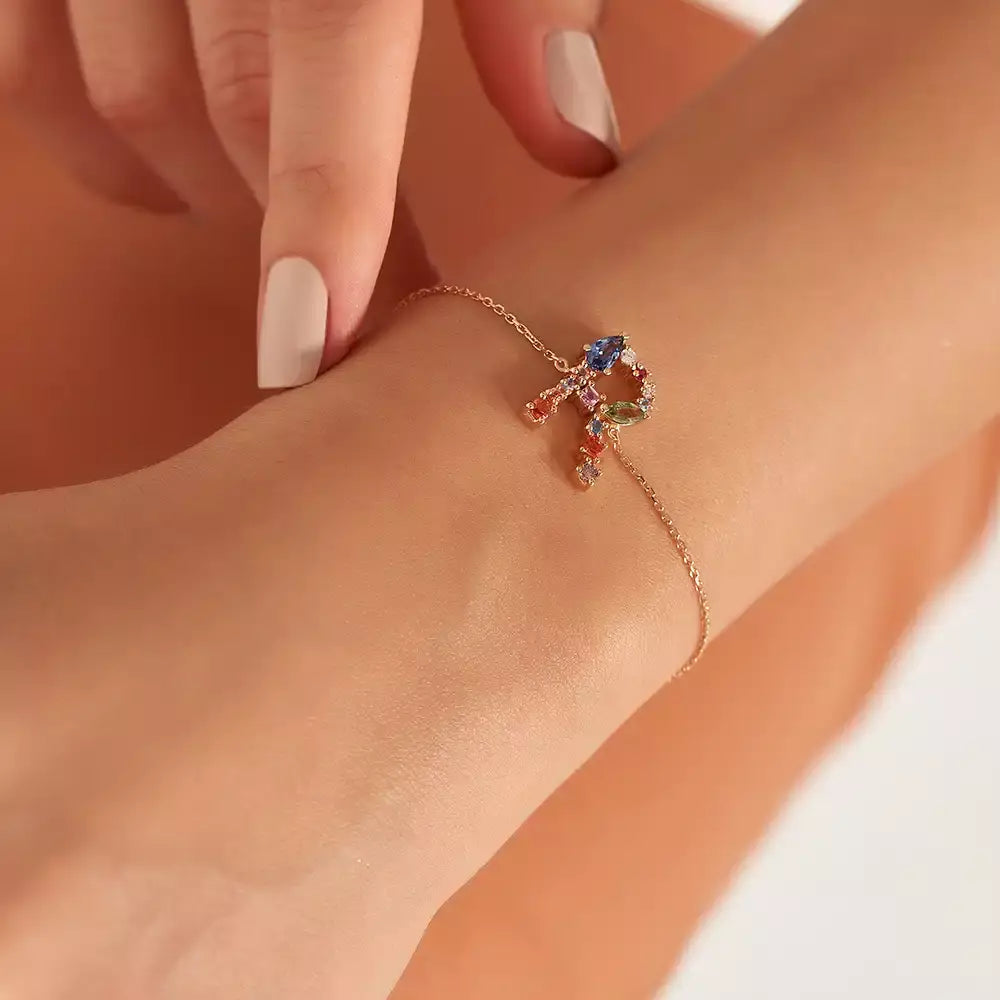 R Letter Brown Diamond and Multicolor Sapphire Bracelet