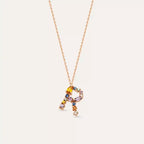 R Harf Brown Pırlanta ve Multicolor Safir Taşlı Rose Altın Kolye