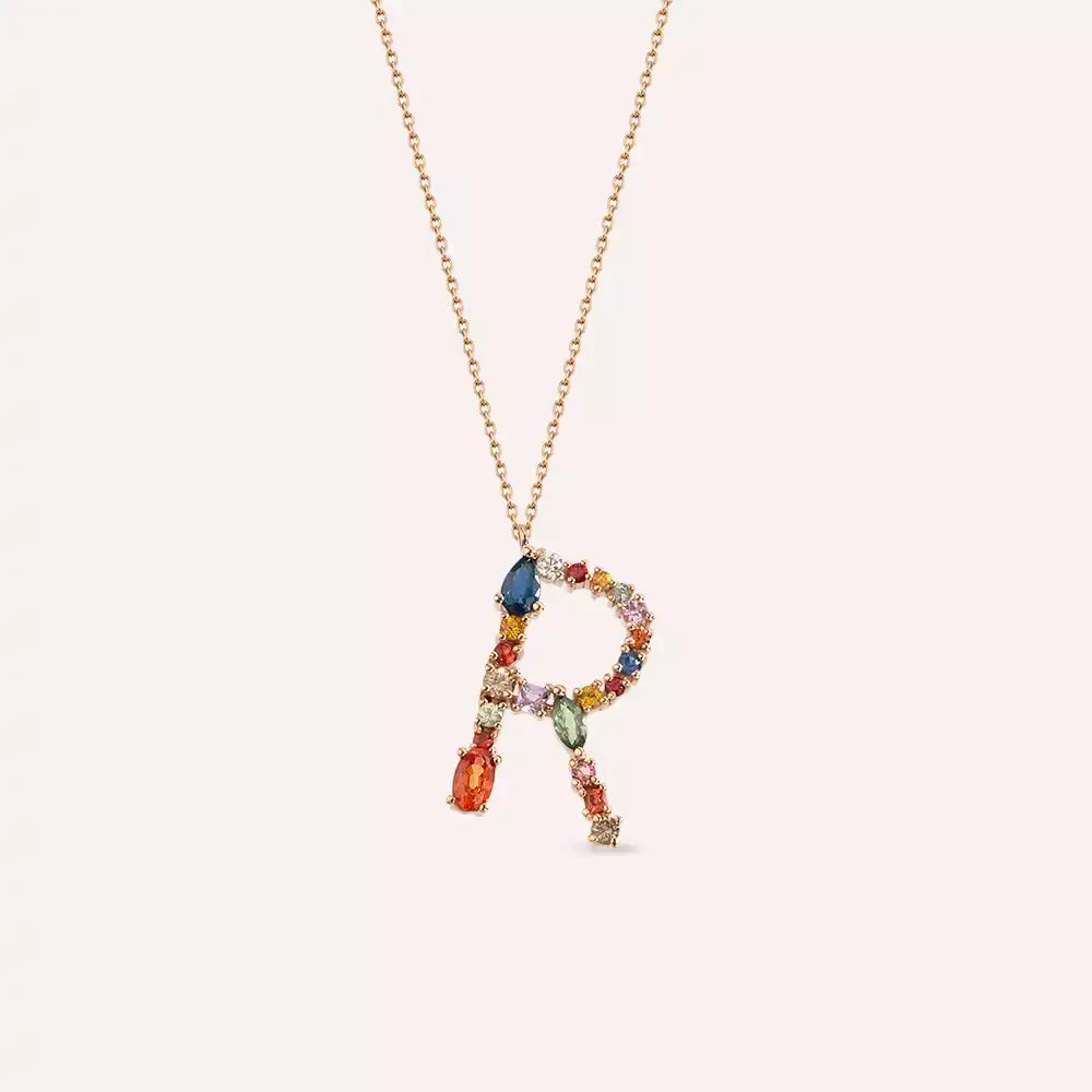 R Letter Multicolor Sapphire and Diamond Rose Gold Necklace