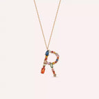 R Letter Multicolor Sapphire and Diamond Rose Gold Necklace