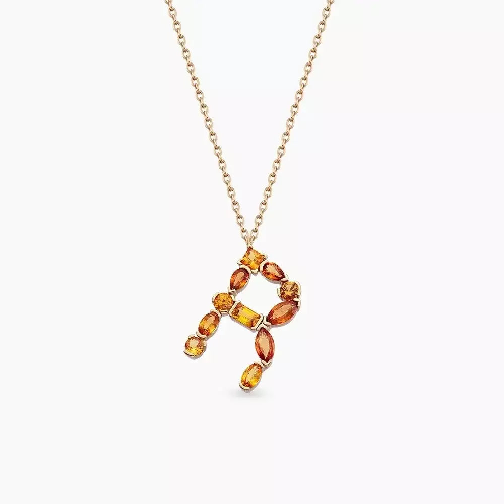 R Harf Orange Safir Taşlı Rose Altın Kolye