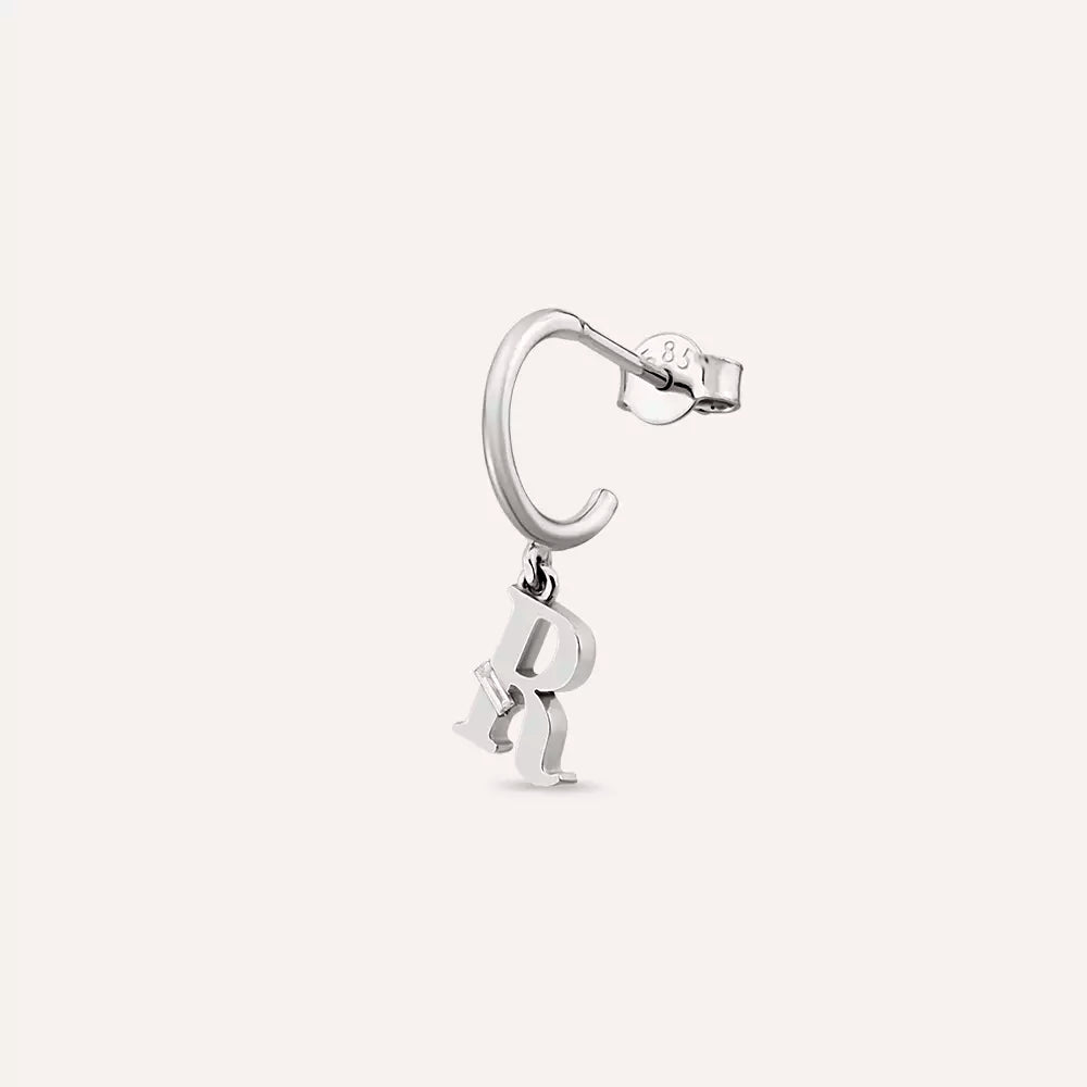 R Letter Diamond Drop White Gold Single Earring