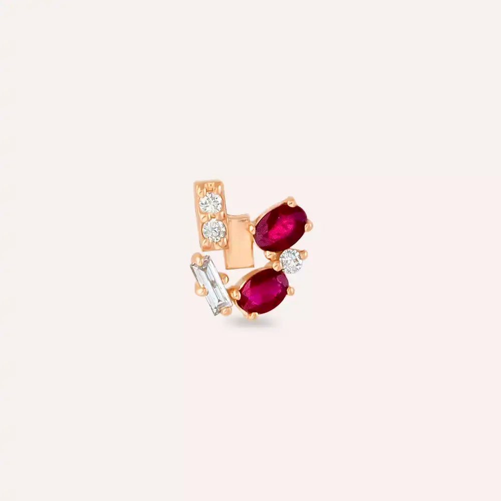 Rubi Yakut ve Pırlanta Taşlı Rose Altın Piercing