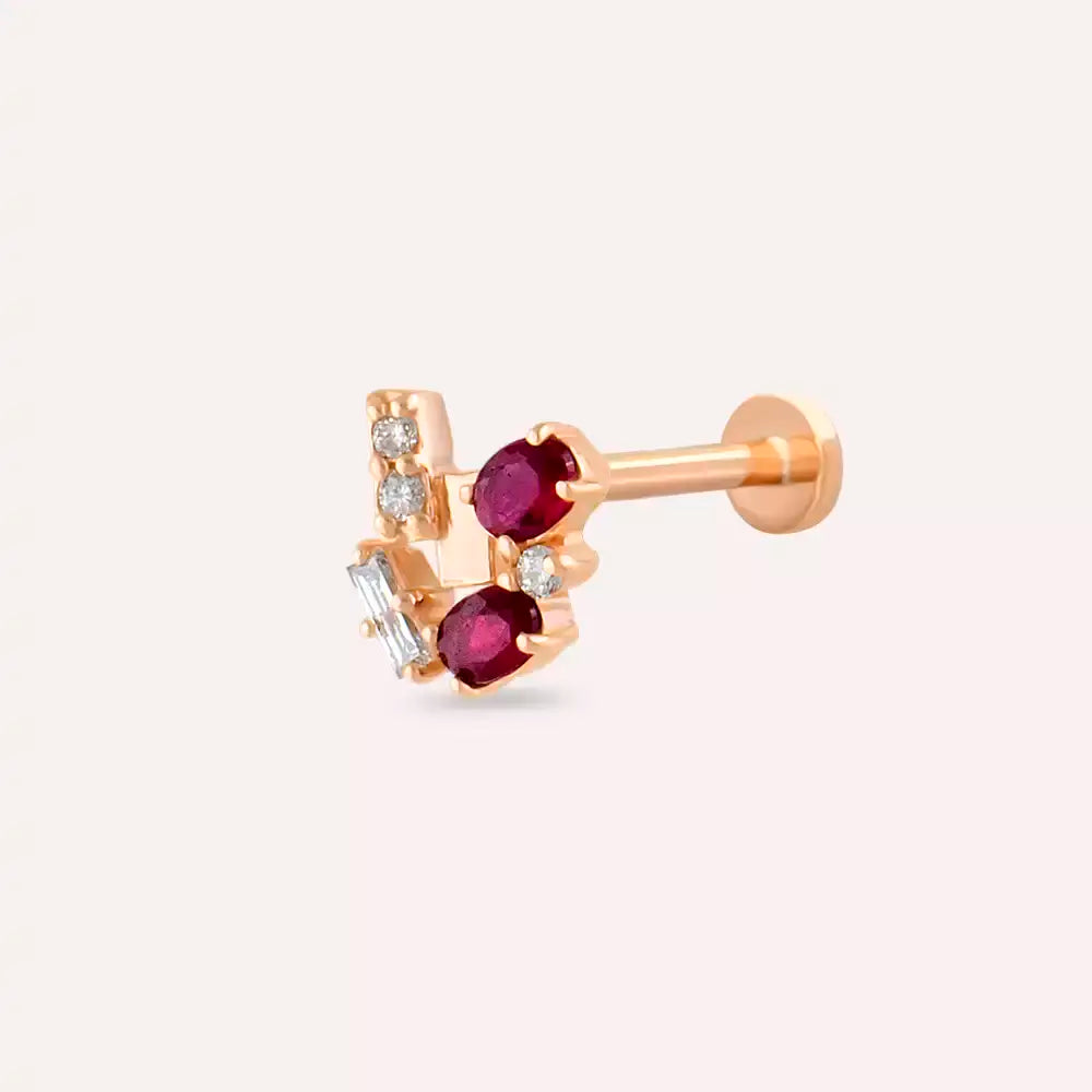 Rubi Yakut ve Pırlanta Taşlı Rose Altın Piercing