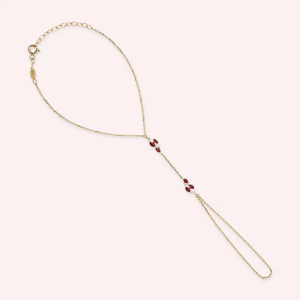 Rubia Marquise Cut Ruby and Diamond Yellow Gold Hand Chain Bracelet