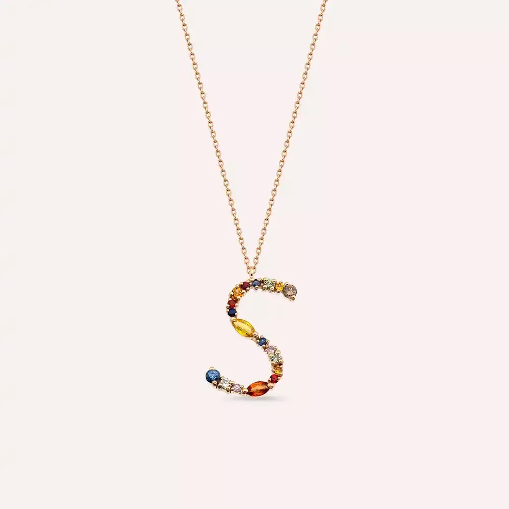 S Harf Multicolor Safir ve Brown Pırlanta Taşlı Rose Altın Kolye