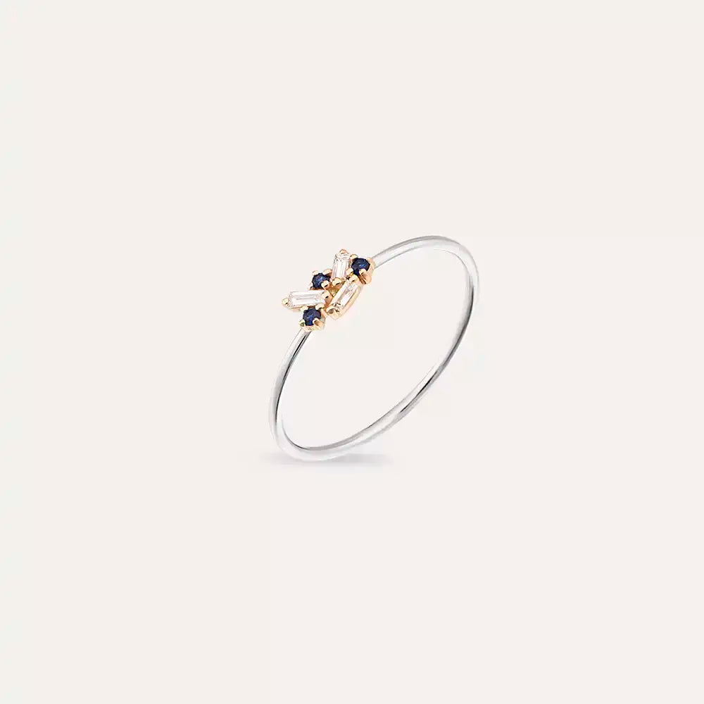 Micra 0.09 CT Blue Safir ve Baget Pırlanta Taşlı Yüzük