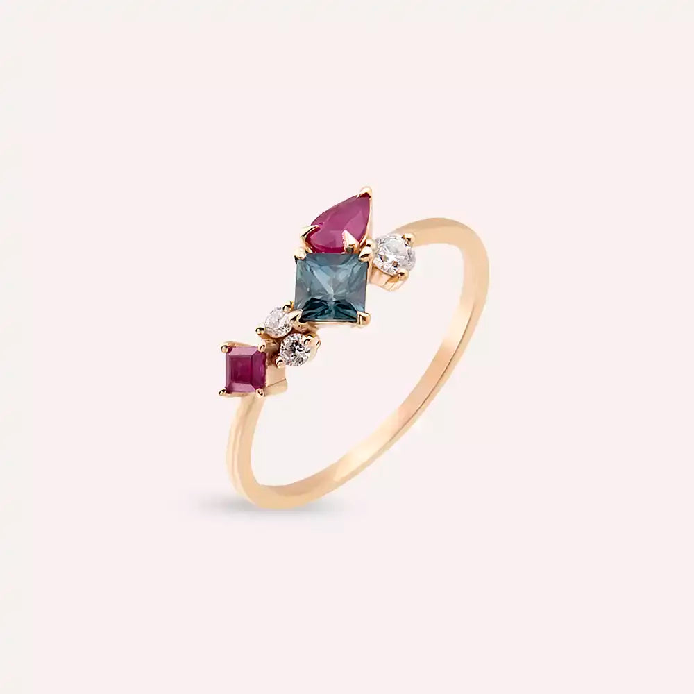 Candy 0.97 CT Ruby and Multicolor Sapphire Rose Gold Ring