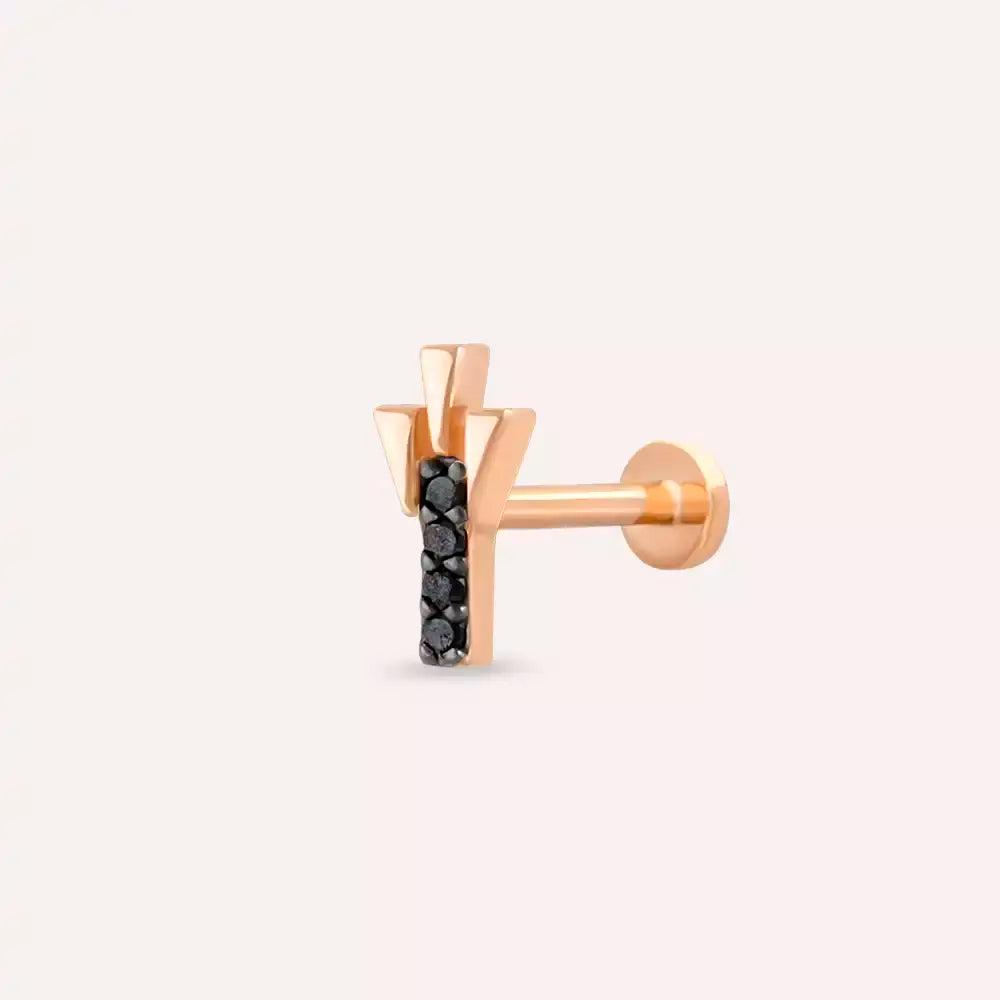 Stub Siyah Pırlanta Taşlı Rose Altın Piercing