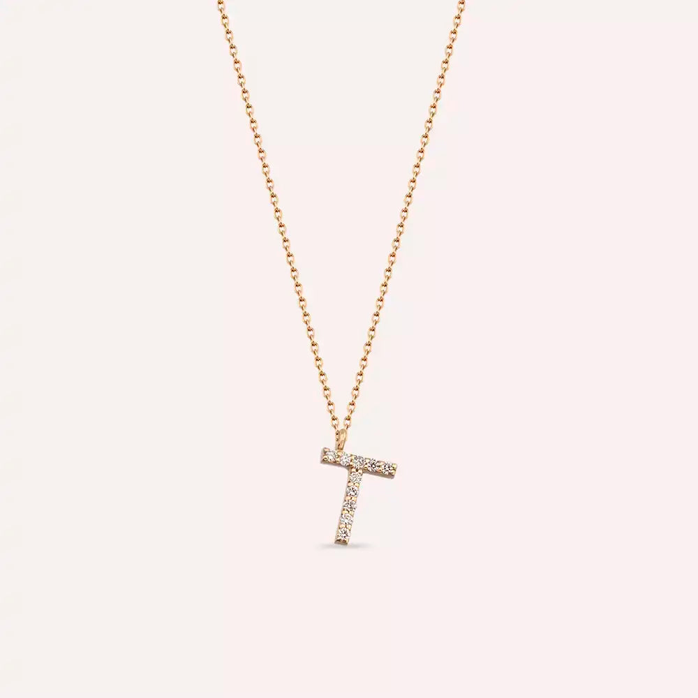 T Letter 0.06 CT Diamond Rose Gold Necklace