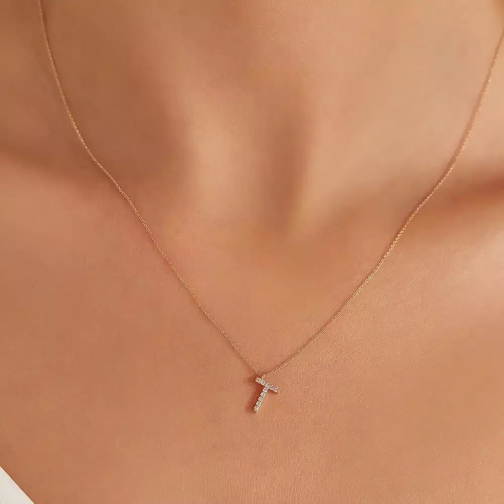 T Letter 0.06 CT Diamond Rose Gold Necklace