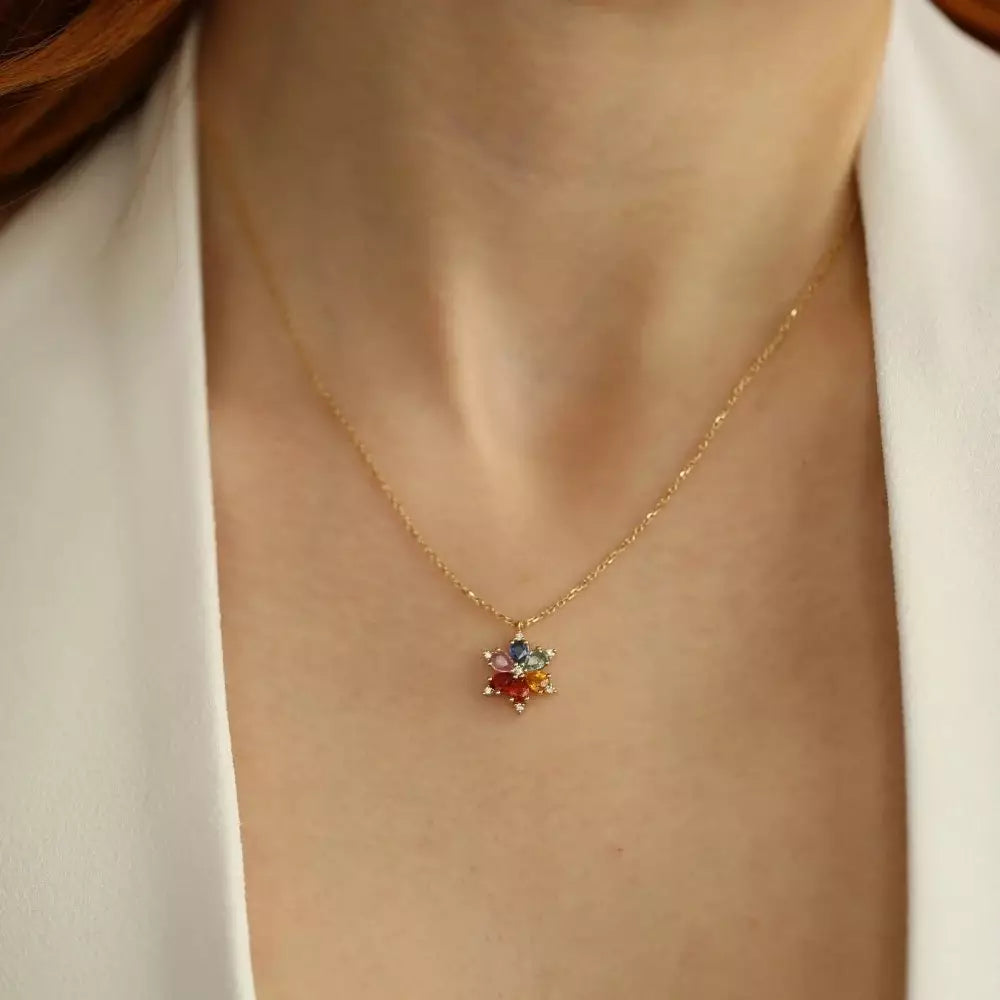 Talia Multicolor Sapphire and Diamond Yellow Gold Necklace