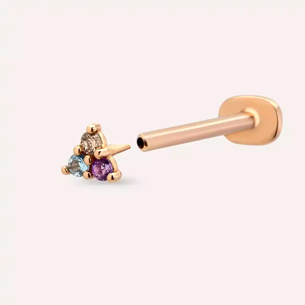 Triangle Ametist ve Aquamarin Taşlı Rose Altın Piercing
