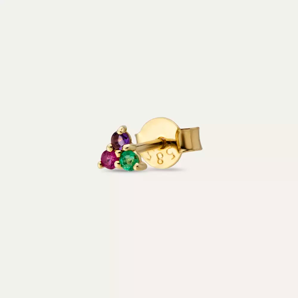 Triangle Amethyst, Ruby, and Emerald Stone Yellow Gold Mini Single Earring