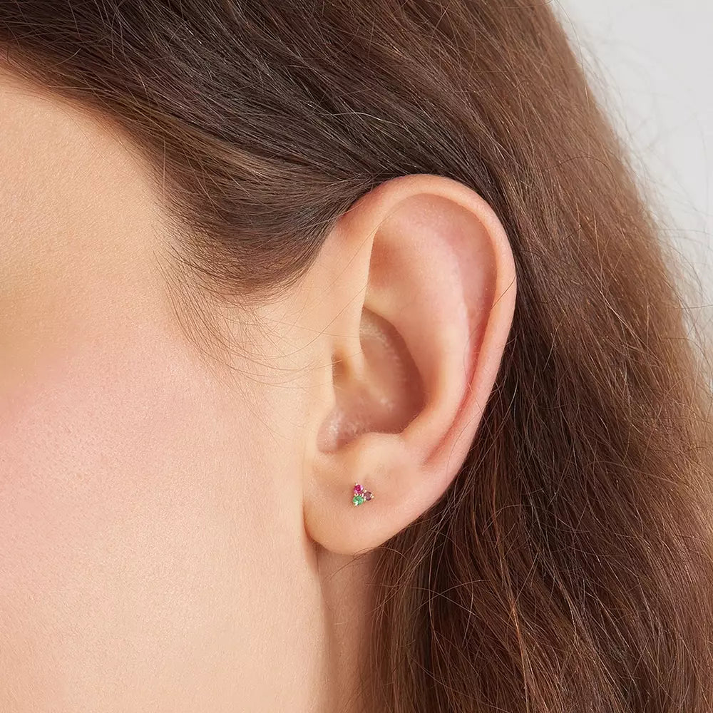 Triangle Amethyst, Ruby, and Emerald Stone Yellow Gold Mini Single Earring