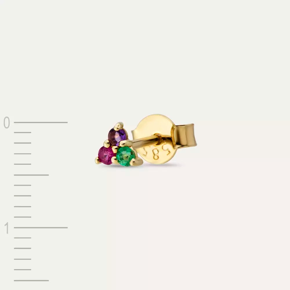 Triangle Amethyst, Ruby, and Emerald Stone Yellow Gold Mini Single Earring