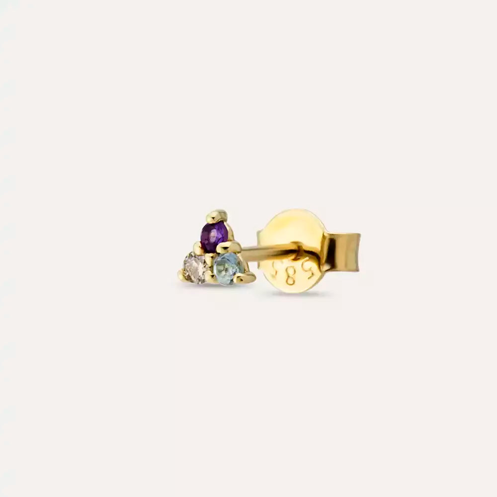 Triangle Brown Diamond, Amethyst and Aquamarine Yellow Gold Single Earring