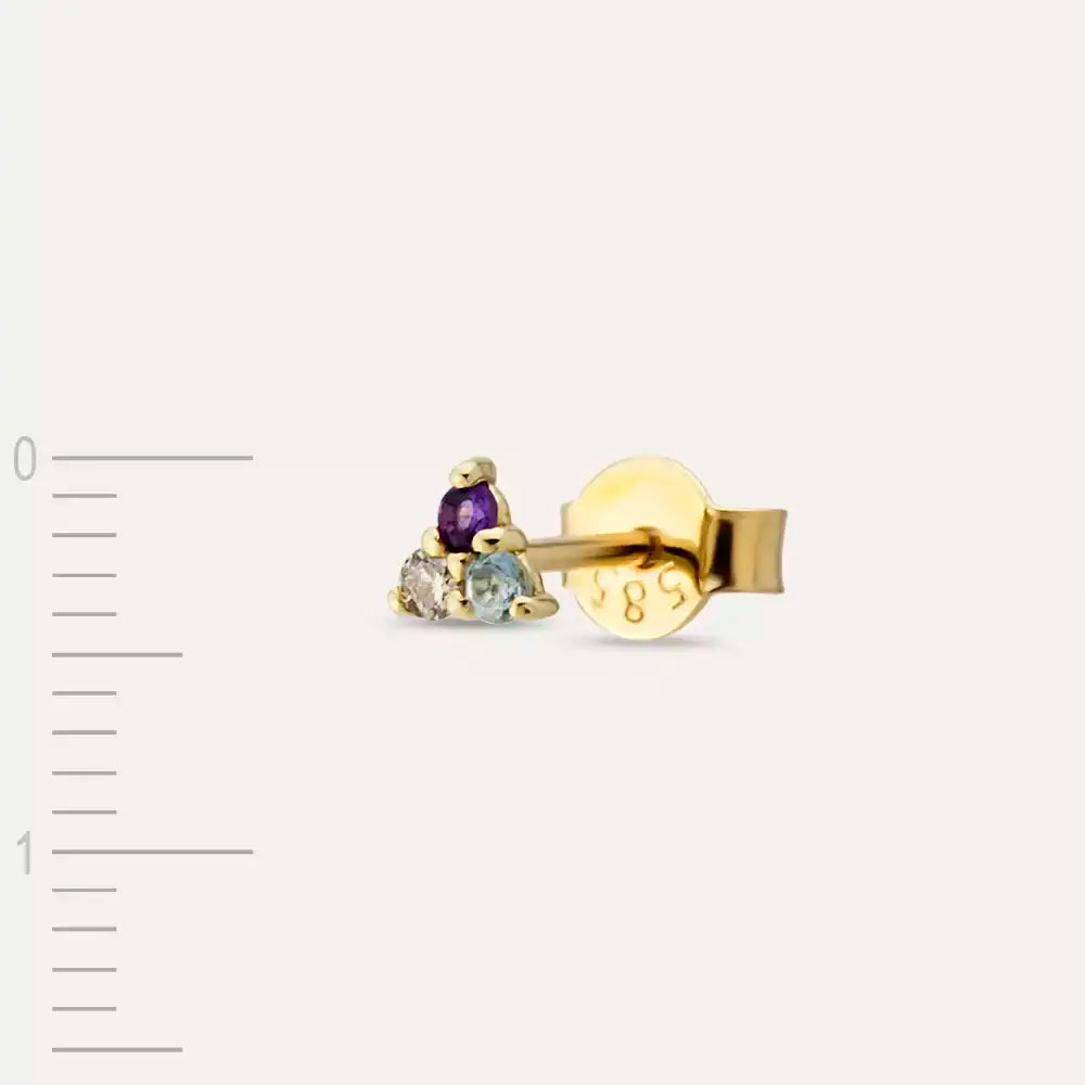 Triangle Brown Diamond, Amethyst and Aquamarine Yellow Gold Single Earring