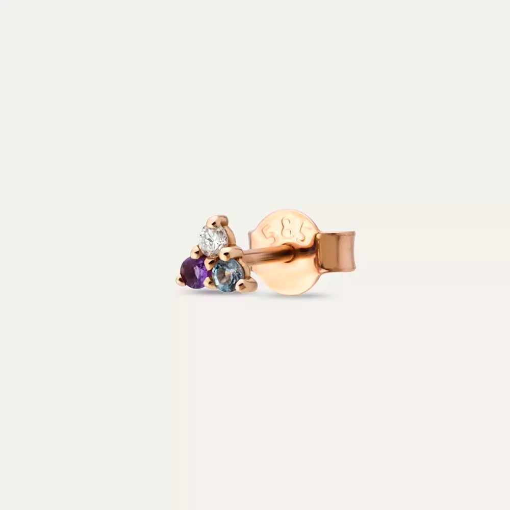 Triangle Mini Single Earring with Diamond, Amethyst, and Aquamarine Stones
