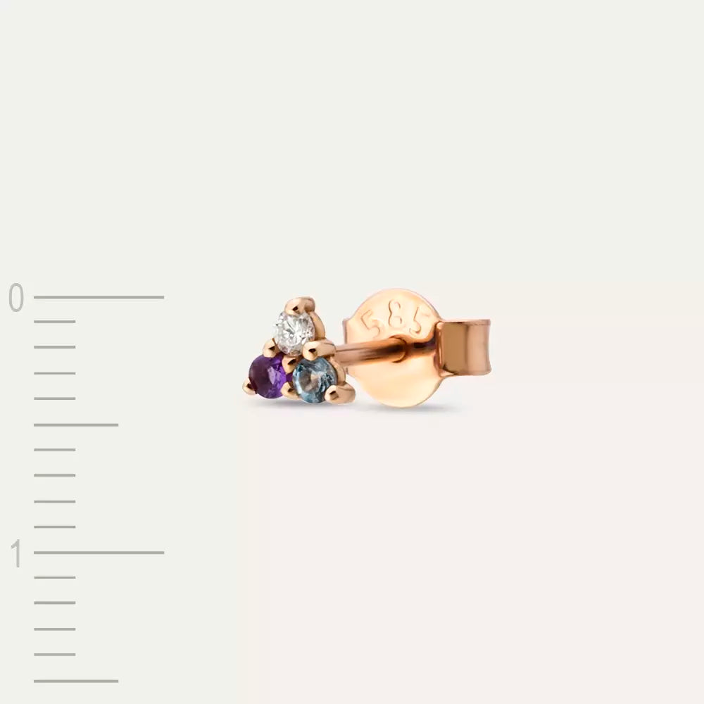 Triangle Mini Single Earring with Diamond, Amethyst, and Aquamarine Stones