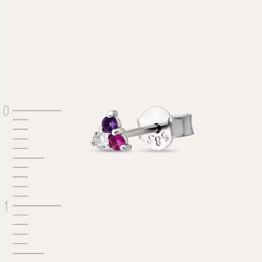 Triangle Diamond, Amethyst and Ruby White Gold Mini Single Earring